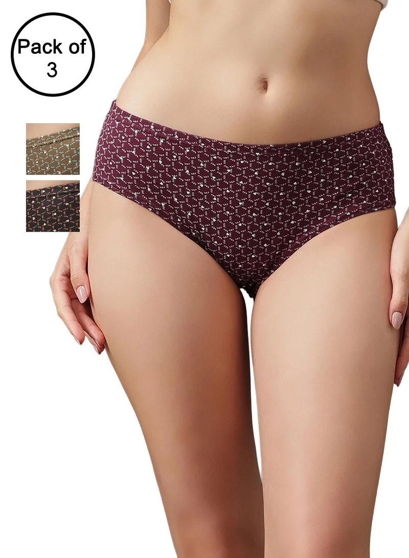 كلوفيا Pack of 3 Mid Waist Printed Hipster Panties with Inner Elastic - 100% Cotton